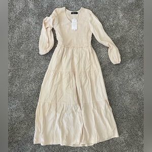 MEROKEETY, Beige, Long Sleeve Smocked Dress, Midi Dress
